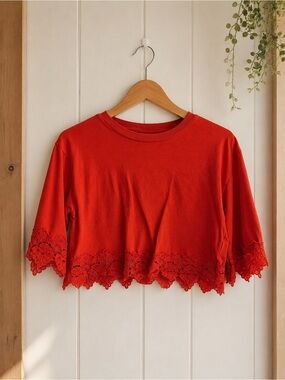 Topshop Red Cropped Lace-Hem Top